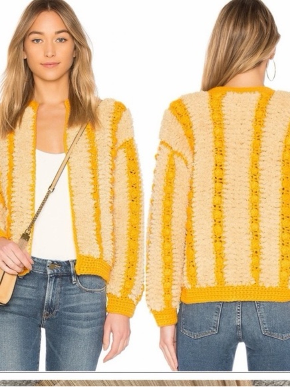 Tularosa Morgana Yellow & Orange Chunky Textured Knit Sweater Pom Pom popcorn